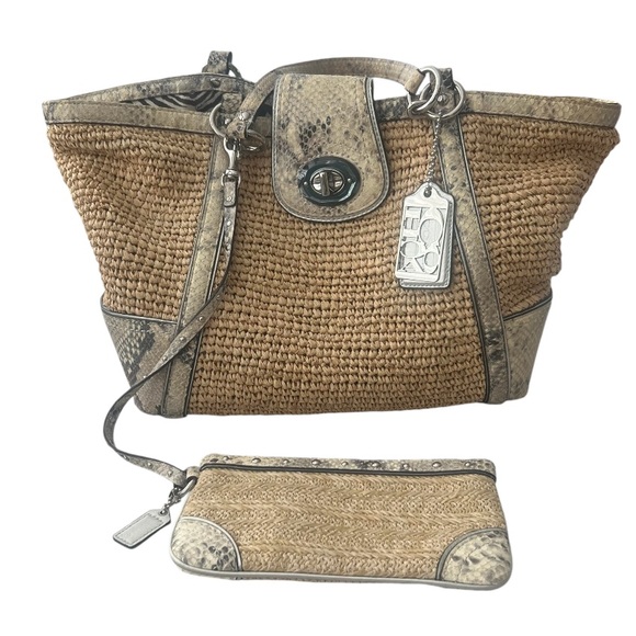 COACH Hampton straw & snakeskin leather tote zebra print w/wristlet Purse - Picture 1 of 9